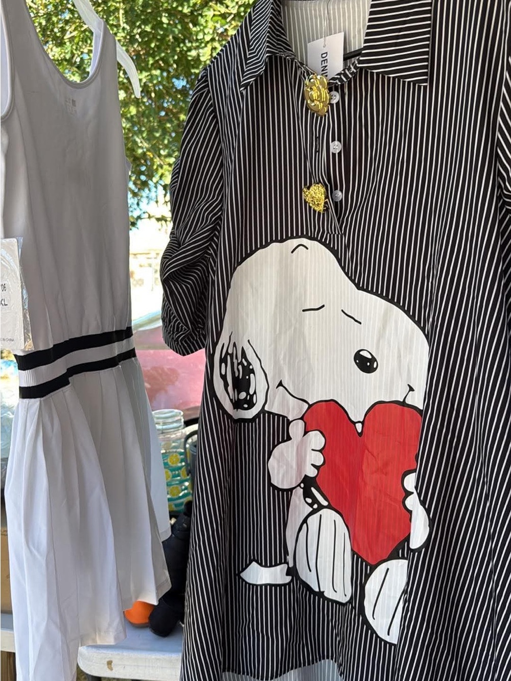Black & White Striped Snoopy Shirt Dress with Red Heart
